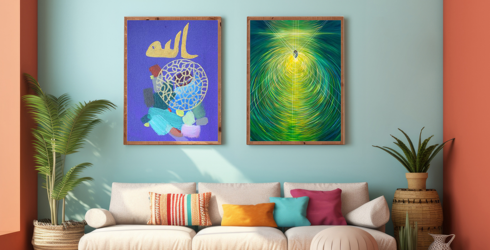 Bright colourful living room with two bold Islamic Art prints framed in the centre